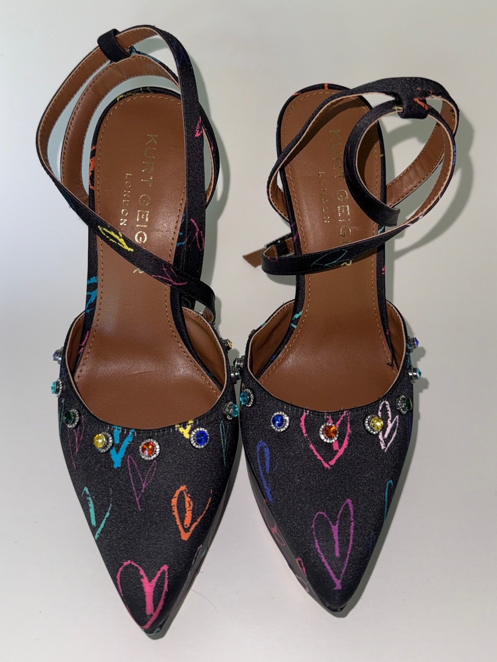 Kurt Geiger Black Heart-Print Pointed Toe Ankle Strap Heels with Multicolor Gems